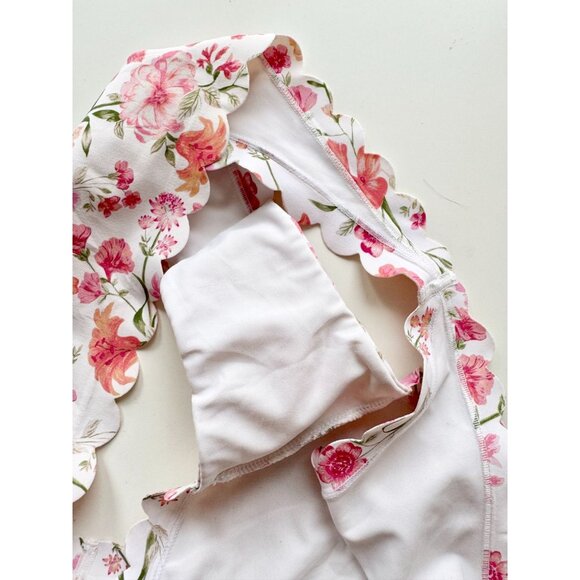 H&M White Pink Floral Scalloped 2pc Halter Bikini Set, Size 36D/10 - Picture 7 of 12